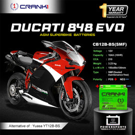 Battery For Ducati 848 EVO (2015-2025) - CB12B-BS - Factory Activated - CRANK1