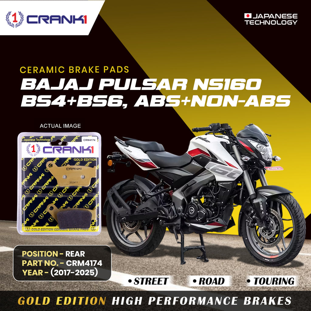 Ceramic Brake Pad For Bajaj Pulsar NS-160 BS4+BS6,ABS+NON-ABS (2017-2025) - Rear - CRM4174 - 1 Set - CRANK1