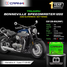 Load image into Gallery viewer, Battery For Triumph Bonneville Speedmaster 1200 (2003-2015) - CB12B-BS - Factory Activated - CRANK1