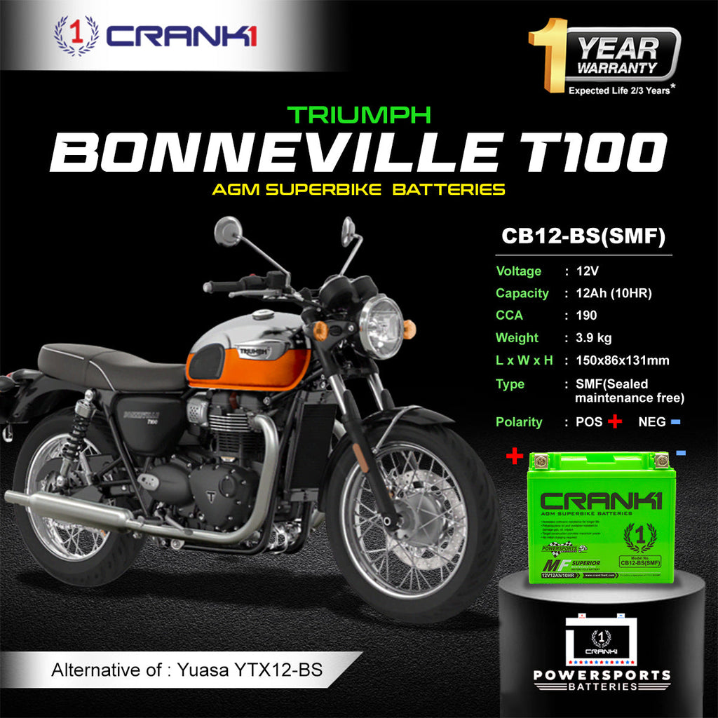 Battery For Triumph Bonneville T100 (2005-2025) - CB12-BS - Factory Activated - CRANK1