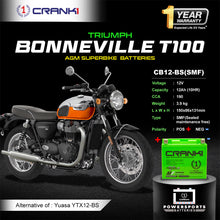 Load image into Gallery viewer, Battery For Triumph Bonneville T100 (2005-2025) - CB12-BS - Factory Activated - CRANK1