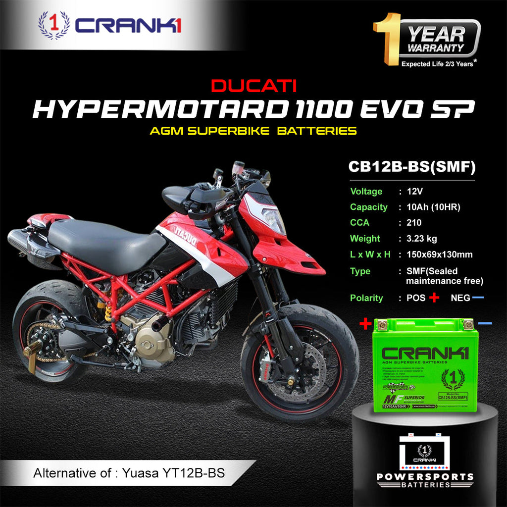 Battery For Ducati Hypermotard 1100 EVO SP (2007-2025) - CB12B-BS - Factory Activated - CRANK1