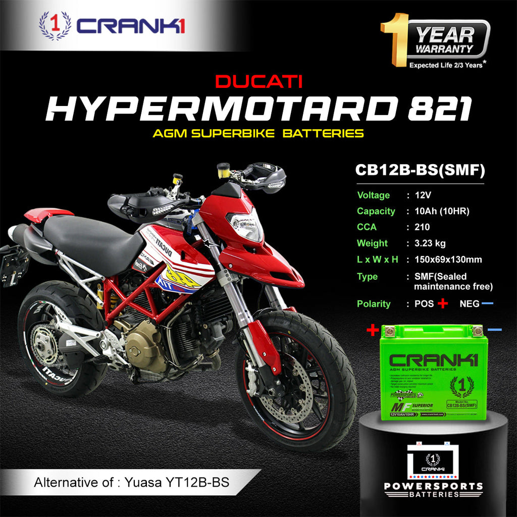 Battery For Ducati Hypermotard 821 (2007-2025) - CB12B-BS - Factory Activated - CRANK1