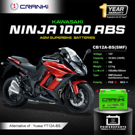 Battery For Kawasaki Ninja 1000 ABS (2014-2025) - CB12A-BS - Factory Activated - CRANK1