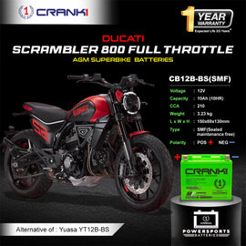 Battery For Ducati Scrambler 800 Full Throttle (2015-2025) - CB12B-BS - Factory Activated - CRANK1