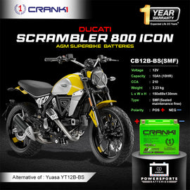 Battery For Ducati Scrambler 800 Icon (2015-2025) - CB12B-BS - Factory Activated - CRANK1