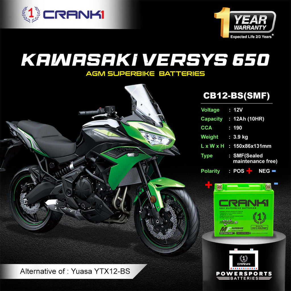 Battery For Kawasaki Versys 650 (2008-2025) - CB12-BS - Factory Activated - CRANK1