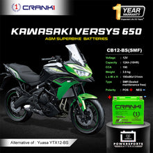 Load image into Gallery viewer, Battery For Kawasaki Versys 650 (2008-2025) - CB12-BS - Factory Activated - CRANK1