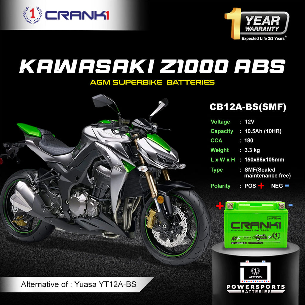 Battery For Kawasaki Z1000 ABS (2014-2025) - CB12A-BS - Factory Activated - CRANK1