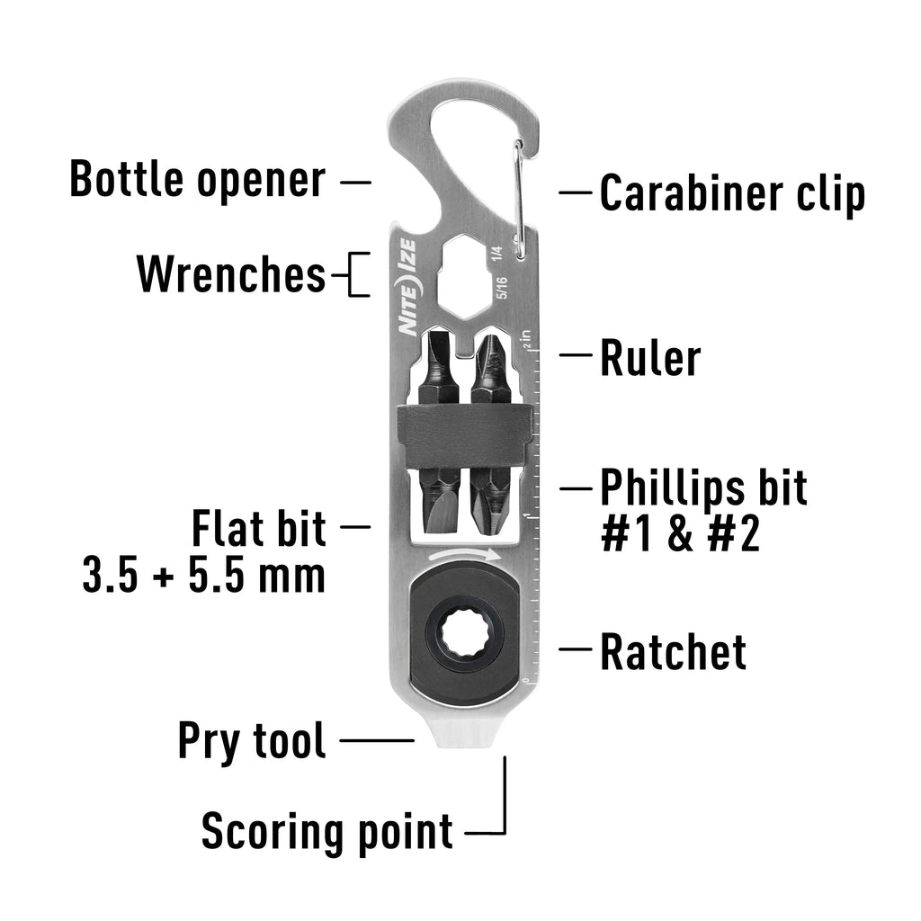 Nite Ize- KMTRT-11-R3 DoohicKey, Ratchet with Flathead and Phillips Bits, 6-in-1 Multitool with Bottle Opener and More Key Tool, Stainless