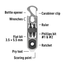 Load image into Gallery viewer, Nite Ize- KMTRT-11-R3 DoohicKey, Ratchet with Flathead and Phillips Bits, 6-in-1 Multitool with Bottle Opener and More Key Tool, Stainless